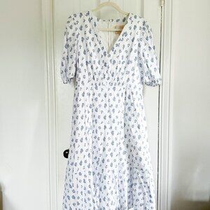 Gal Meets Glam Blue and White Linen Midi Dress - Block Print Size 10